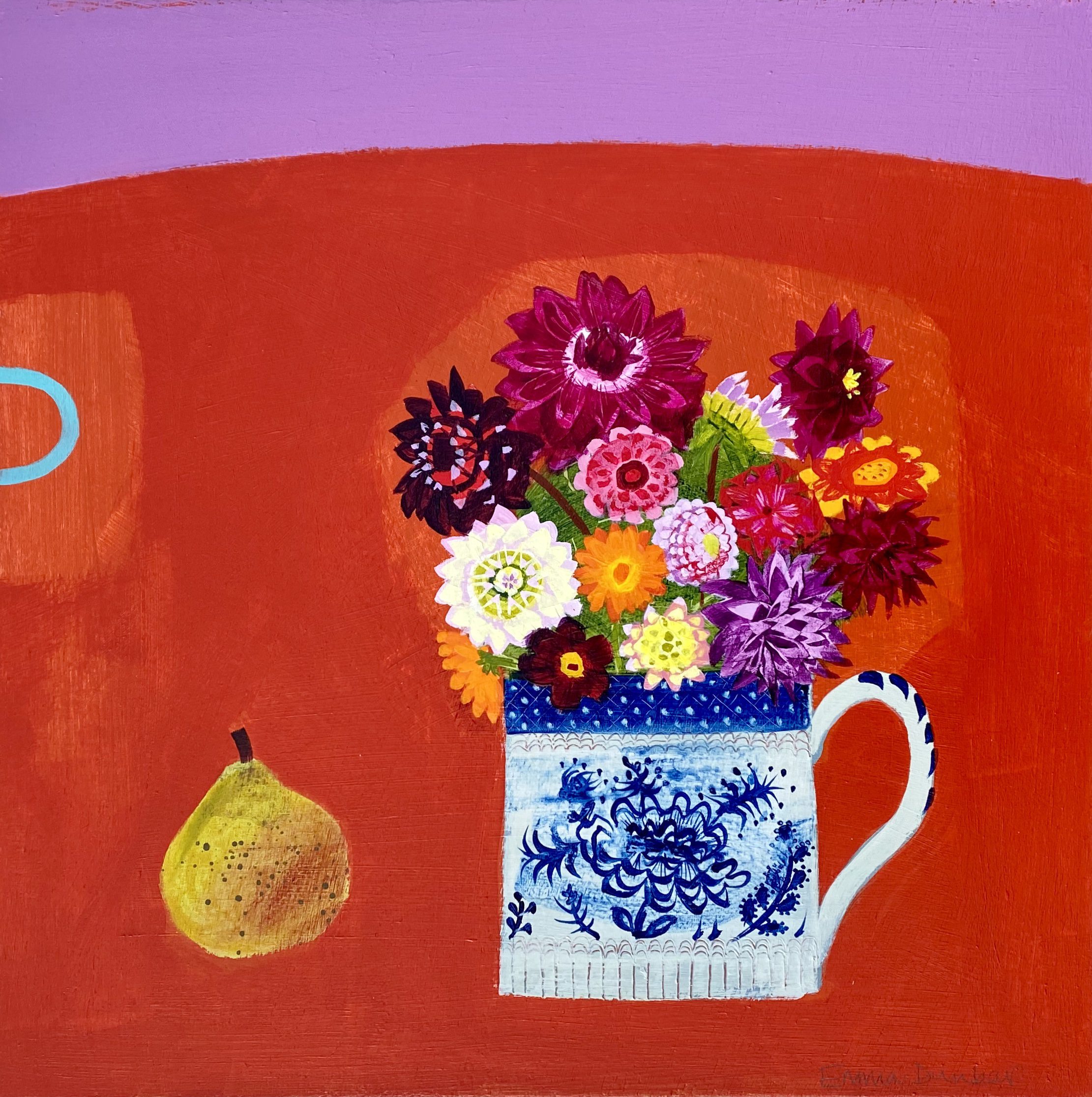 Dahlias and a pear on orange in the special cup
