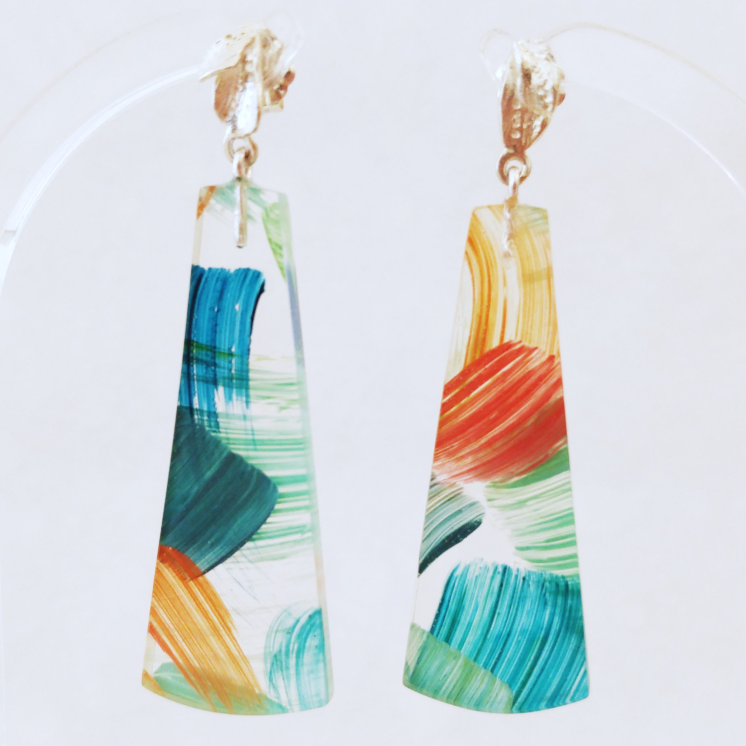 Painterly Rectangular Eco-Resin Drops with Small Silver Petal Studs