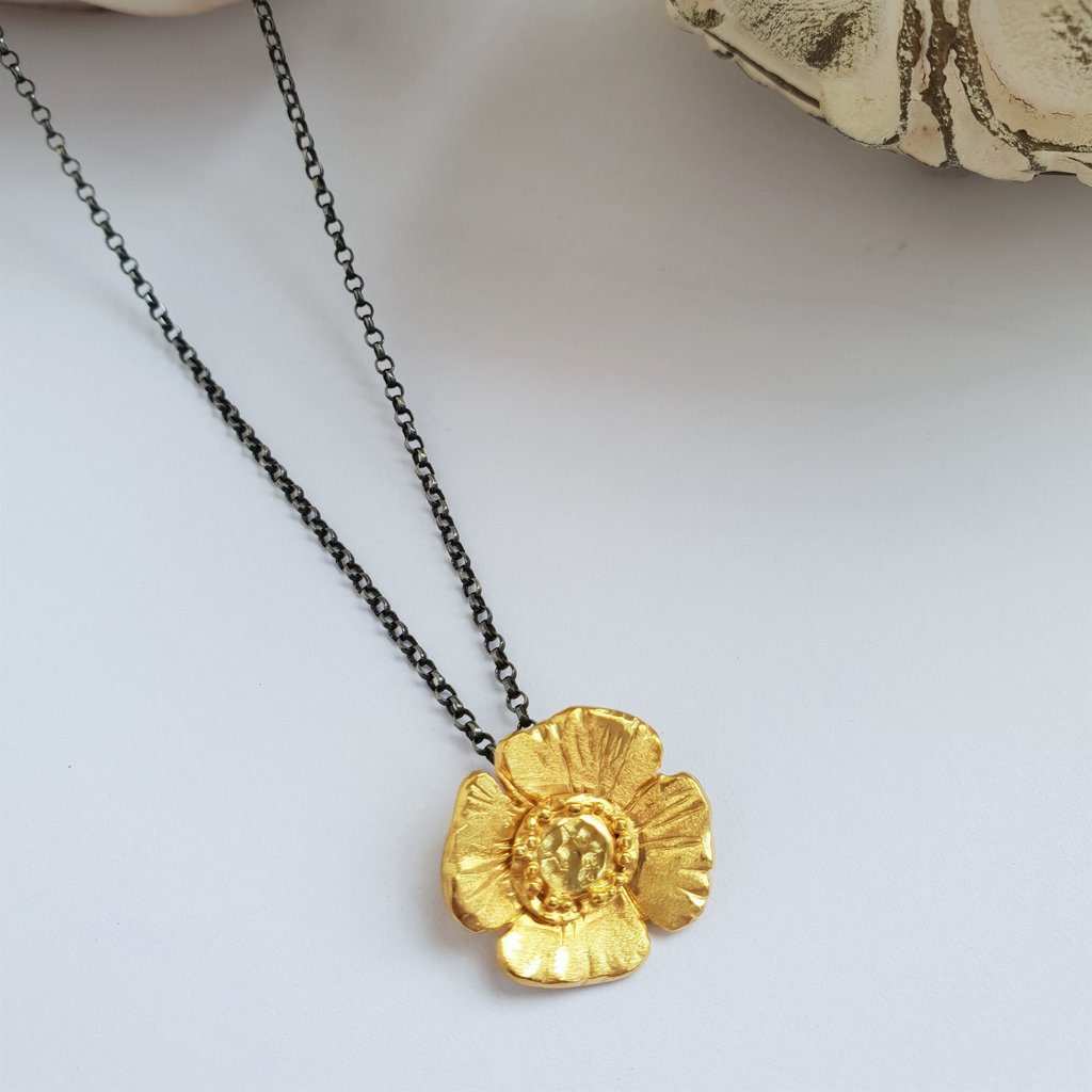 18 ct Gold Plated Poppy Necklace on Oxidised Silver Chain