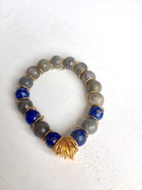 Afiok Beaded Bracelet: Labradorite with Lapis Lazuli Detailing & 24ct Yellow Gold Vermeil