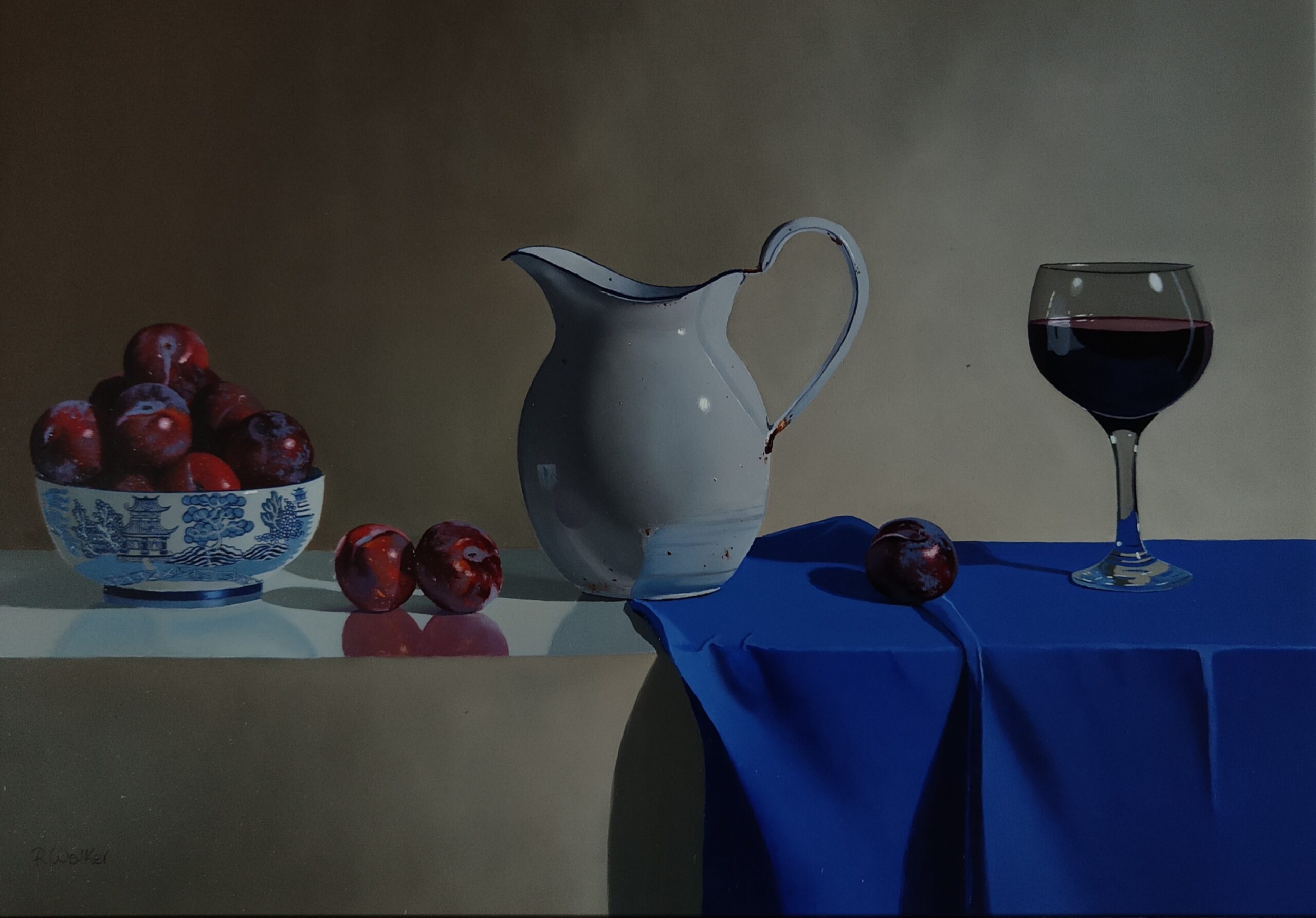 Enamel Jug with Plums and Wine